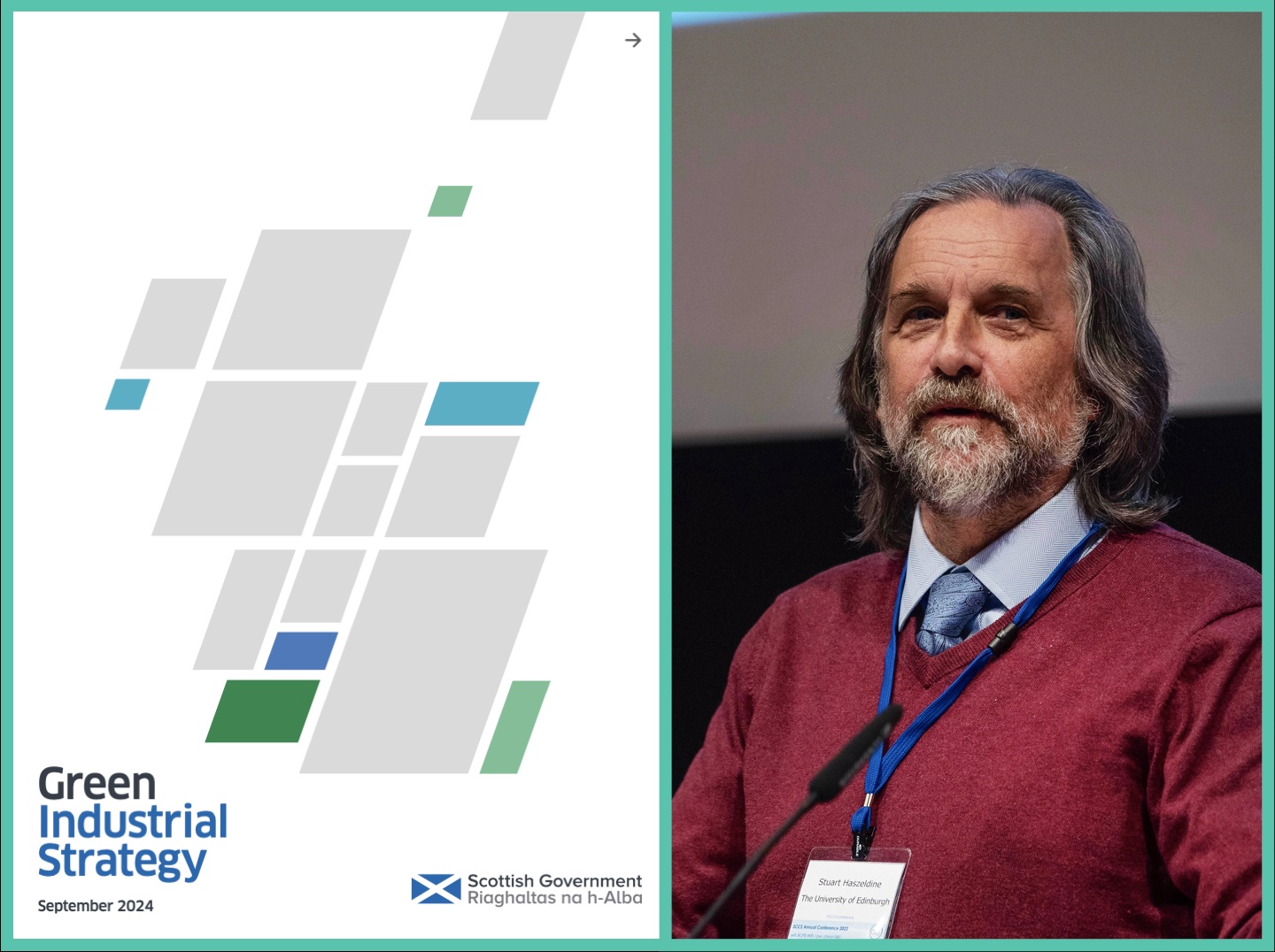 Green Industrial Strategy cover on left and Stuart Haszeldine on right logo