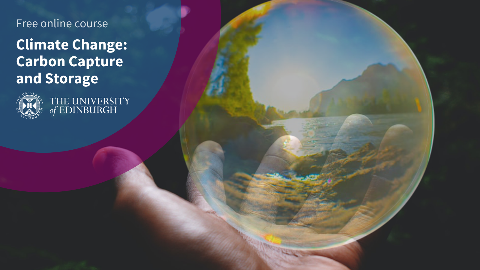 Hand delicately holding a glass orb containing an image of a pristine natural environment logo
